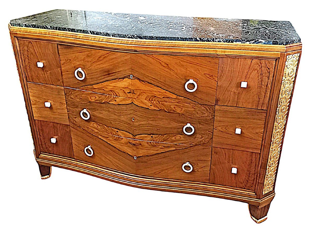 Commode Art Déco Cintrée 9 Tiroirs En Palissandre Et Bois Doré   