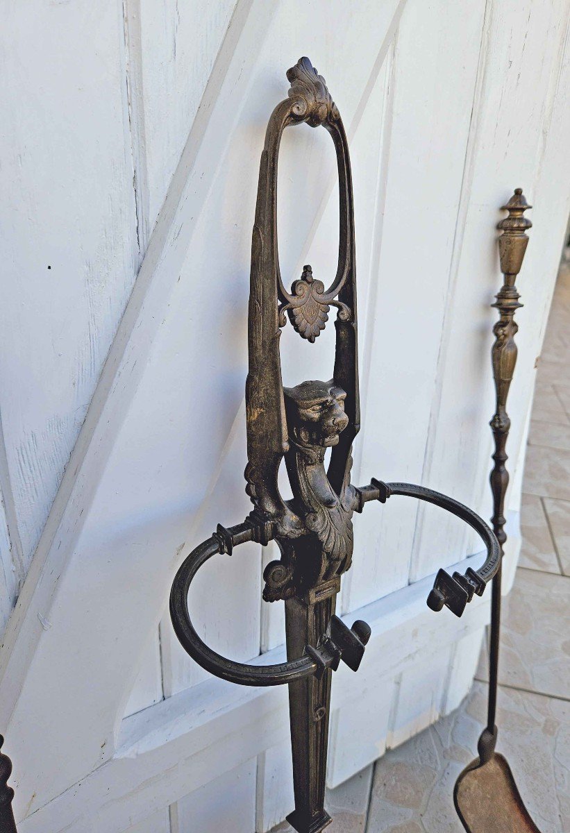 19th Century Etruscan Style Patinated Bronze Fireplace Set-photo-6