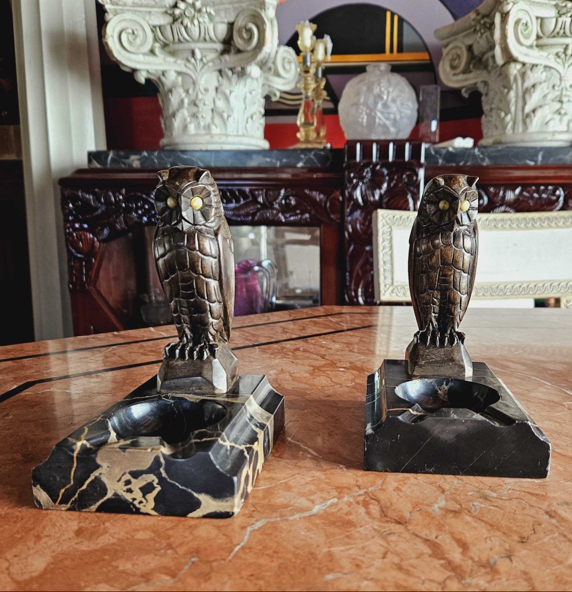 Pair Of Patinated Bronze And Portor Marble Bookends-photo-3