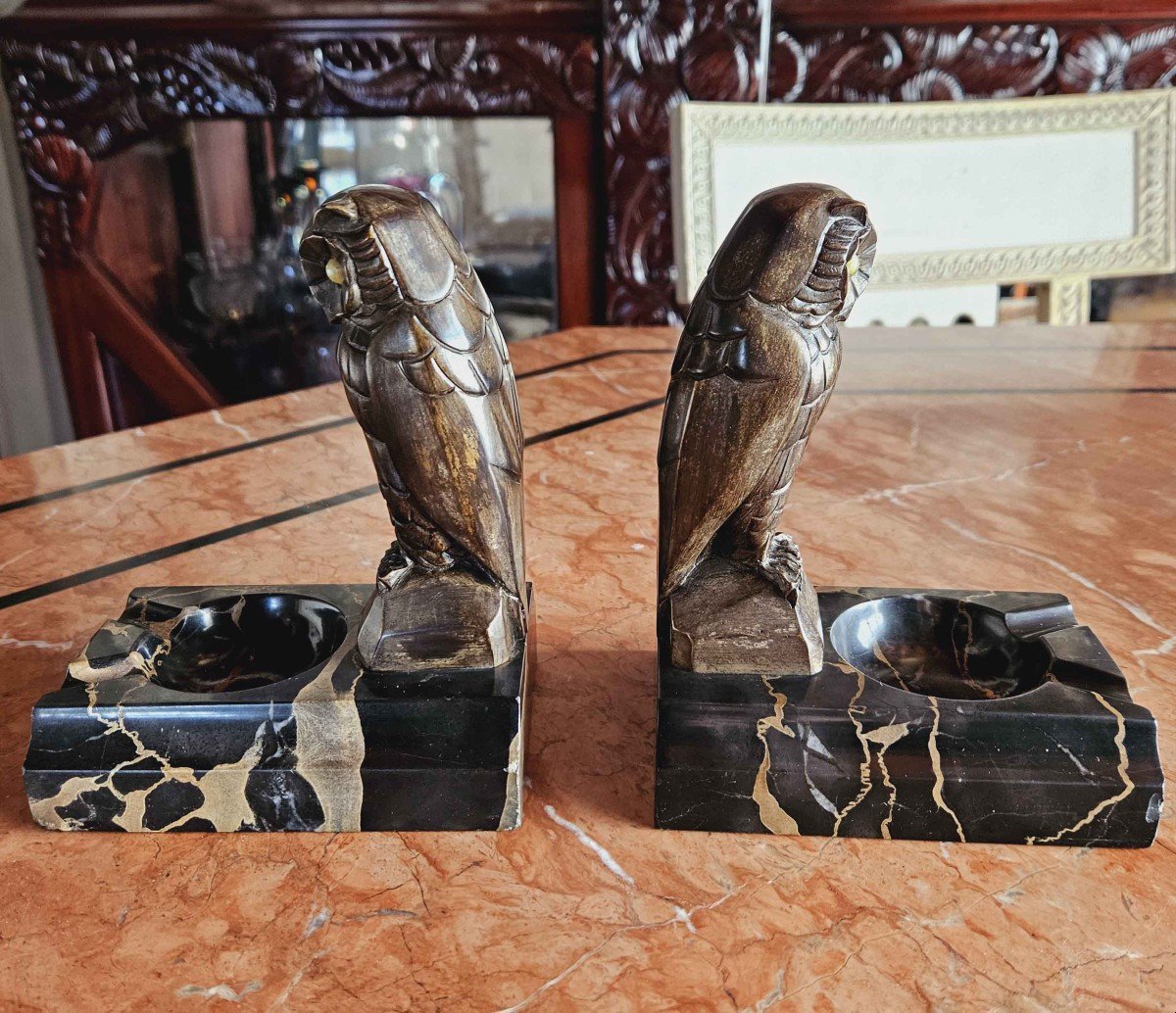 Pair Of Patinated Bronze And Portor Marble Bookends-photo-2