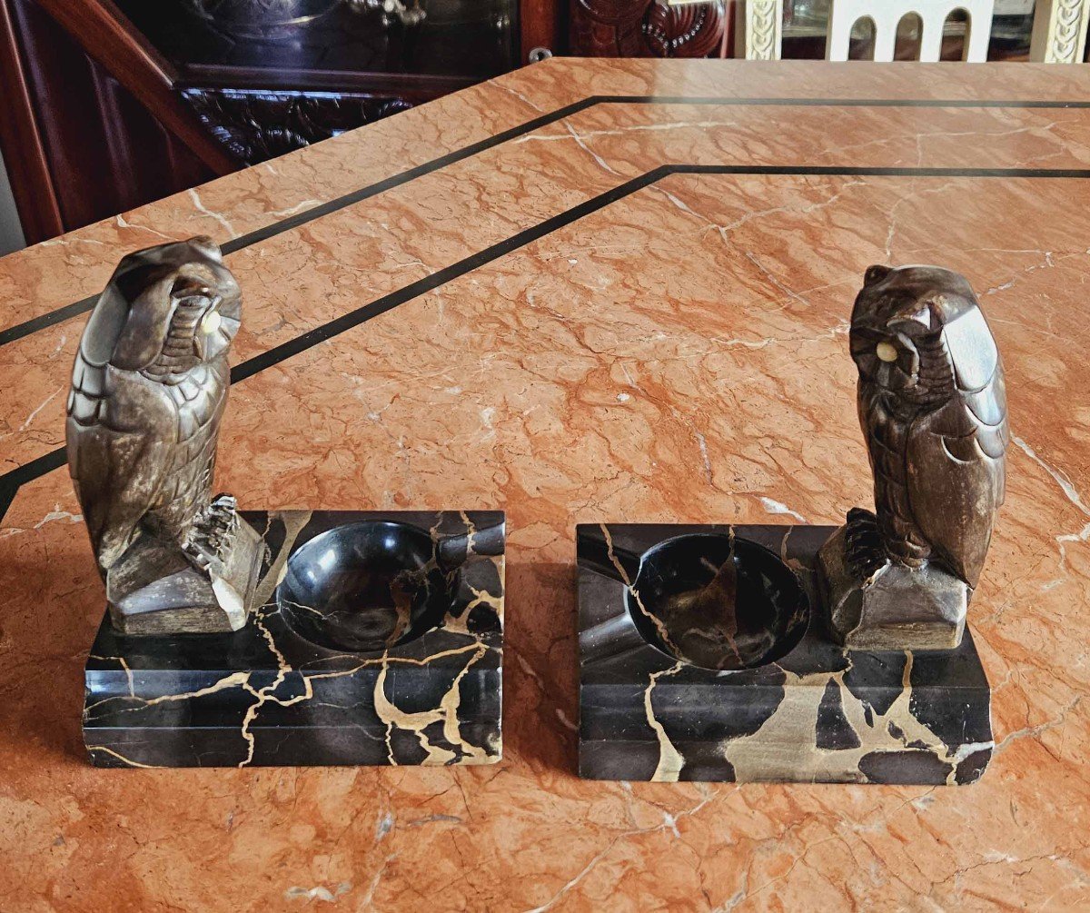 Pair Of Patinated Bronze And Portor Marble Bookends-photo-3