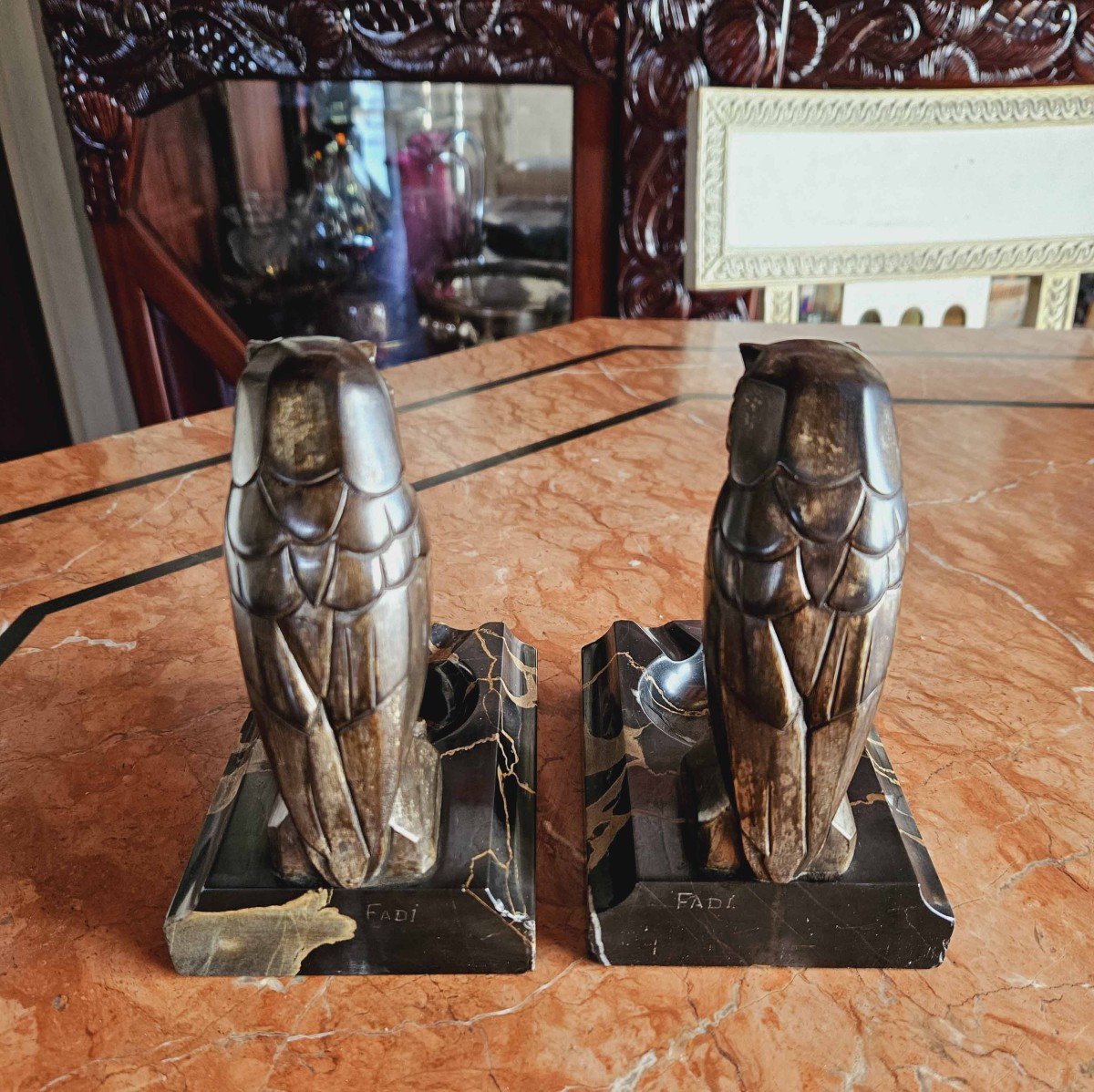 Pair Of Patinated Bronze And Portor Marble Bookends-photo-4