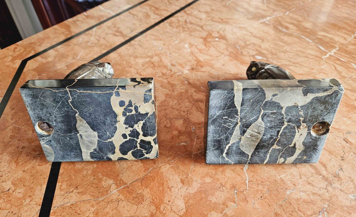 Pair Of Patinated Bronze And Portor Marble Bookends-photo-5