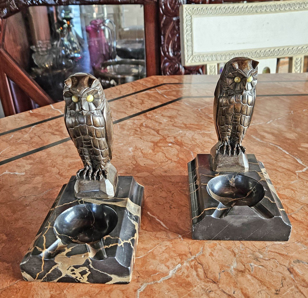 Pair Of Patinated Bronze And Portor Marble Bookends