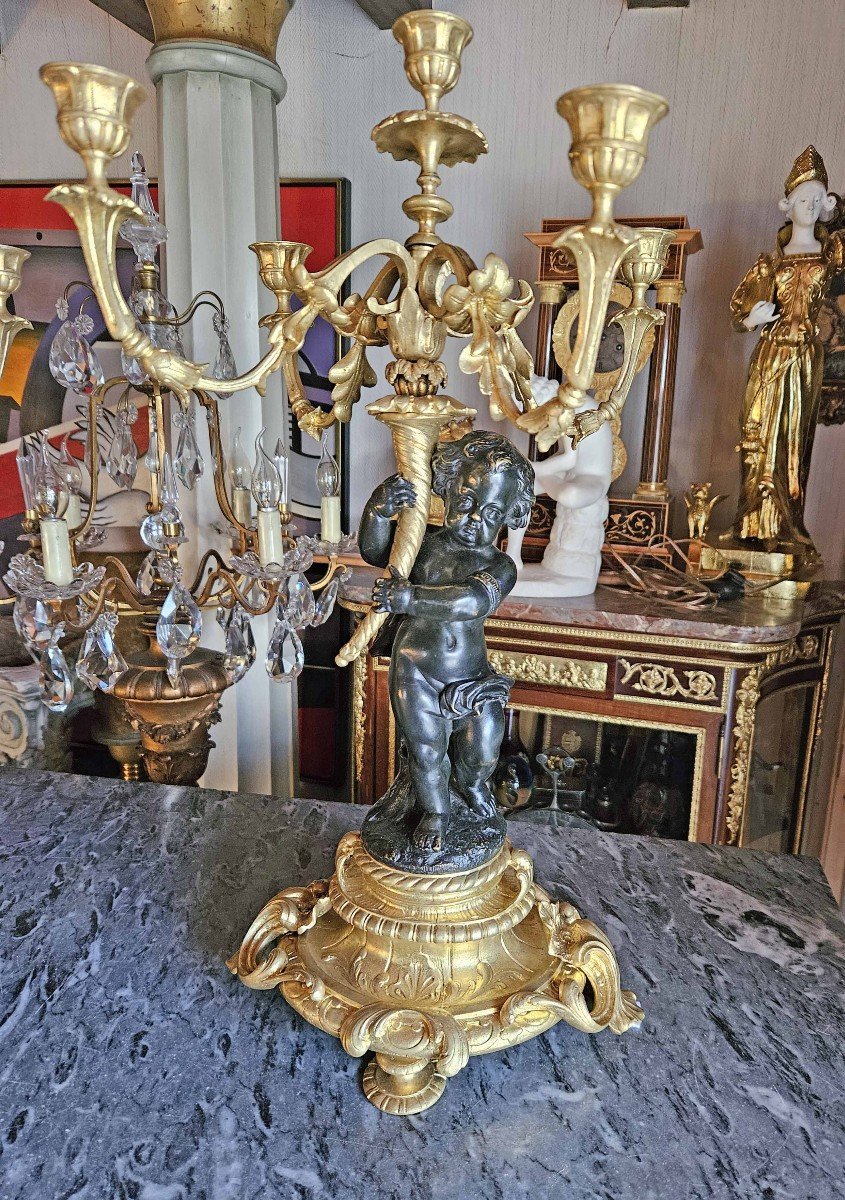 Cand&eacute;labres Aux Putti En Bronze Dor&eacute; Et Patin&eacute; XIX&egrave;me-photo-3