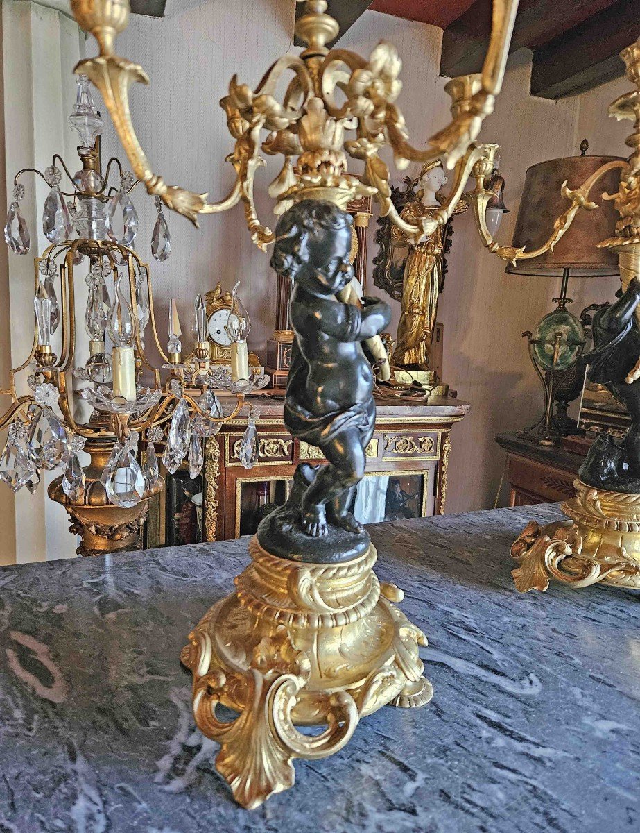 Cand&eacute;labres Aux Putti En Bronze Dor&eacute; Et Patin&eacute; XIX&egrave;me-photo-2