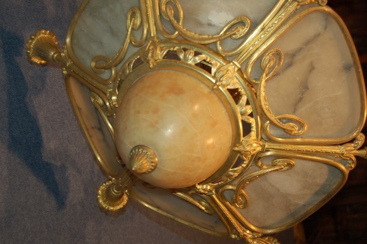 Art Deco Chandelier In Gilt Bronze And Alabaster-photo-3