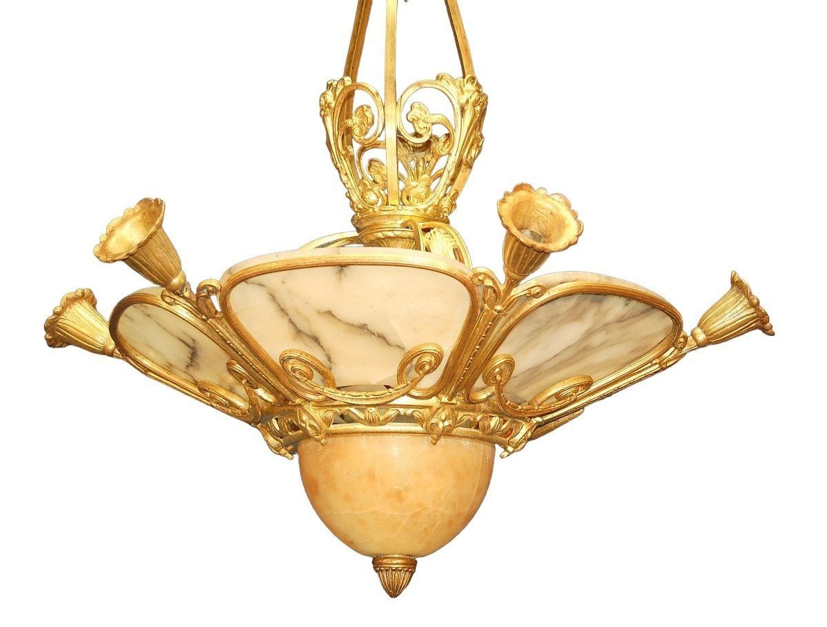 Art Deco Chandelier In Gilt Bronze And Alabaster-photo-4