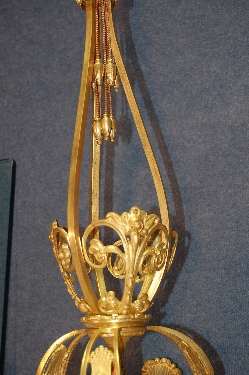 Art Deco Chandelier In Gilt Bronze And Alabaster-photo-1