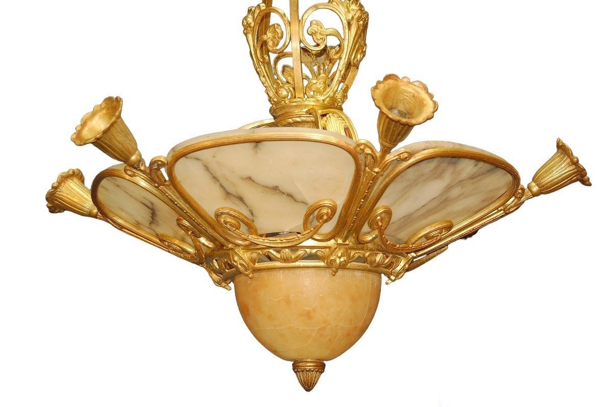 Art Deco Chandelier In Gilt Bronze And Alabaster-photo-2