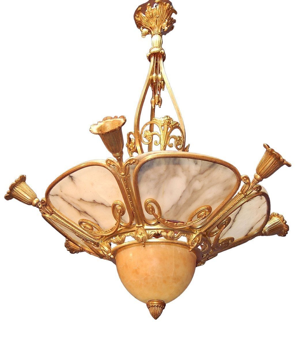 Art Deco Chandelier In Gilt Bronze And Alabaster-photo-3