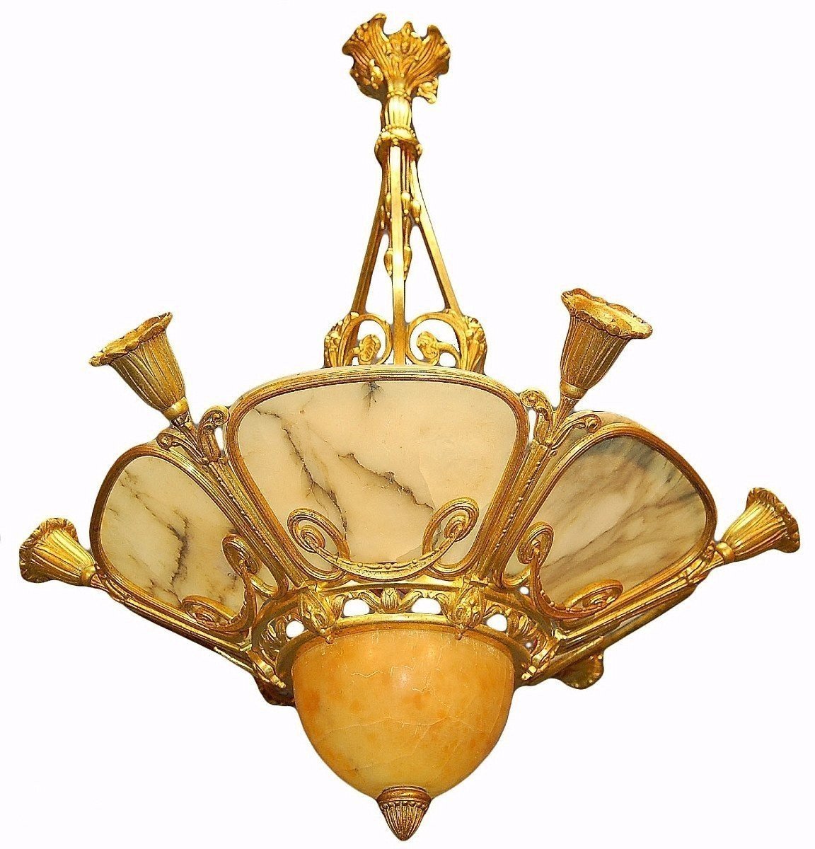 Art Deco Chandelier In Gilt Bronze And Alabaster-photo-6