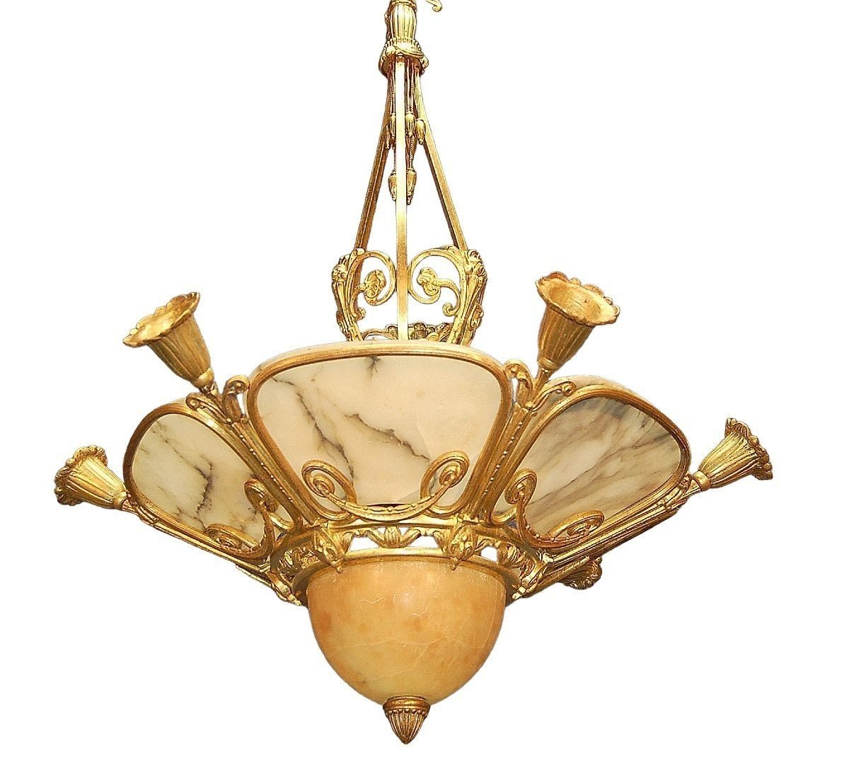 Art Deco Chandelier In Gilt Bronze And Alabaster