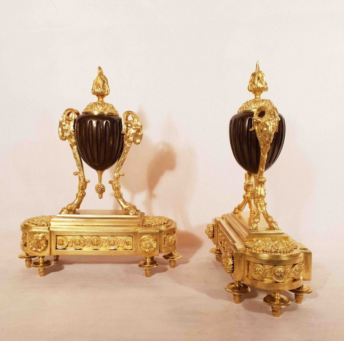 Beurdeley Attr. Andirons With Rams Gilded And Patinated Bronze 19th Century-photo-3