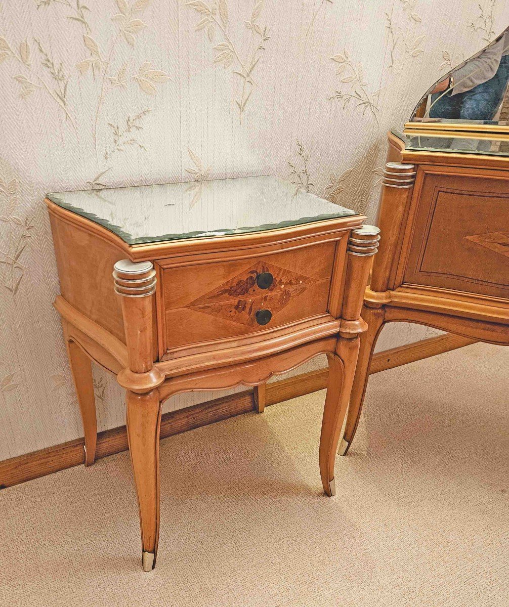 1950s Sycamore Marquetry Dressing Table Seat And Bedside Tables-photo-2