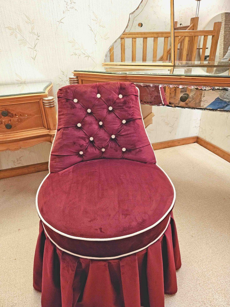 1950s Sycamore Marquetry Dressing Table Seat And Bedside Tables-photo-3