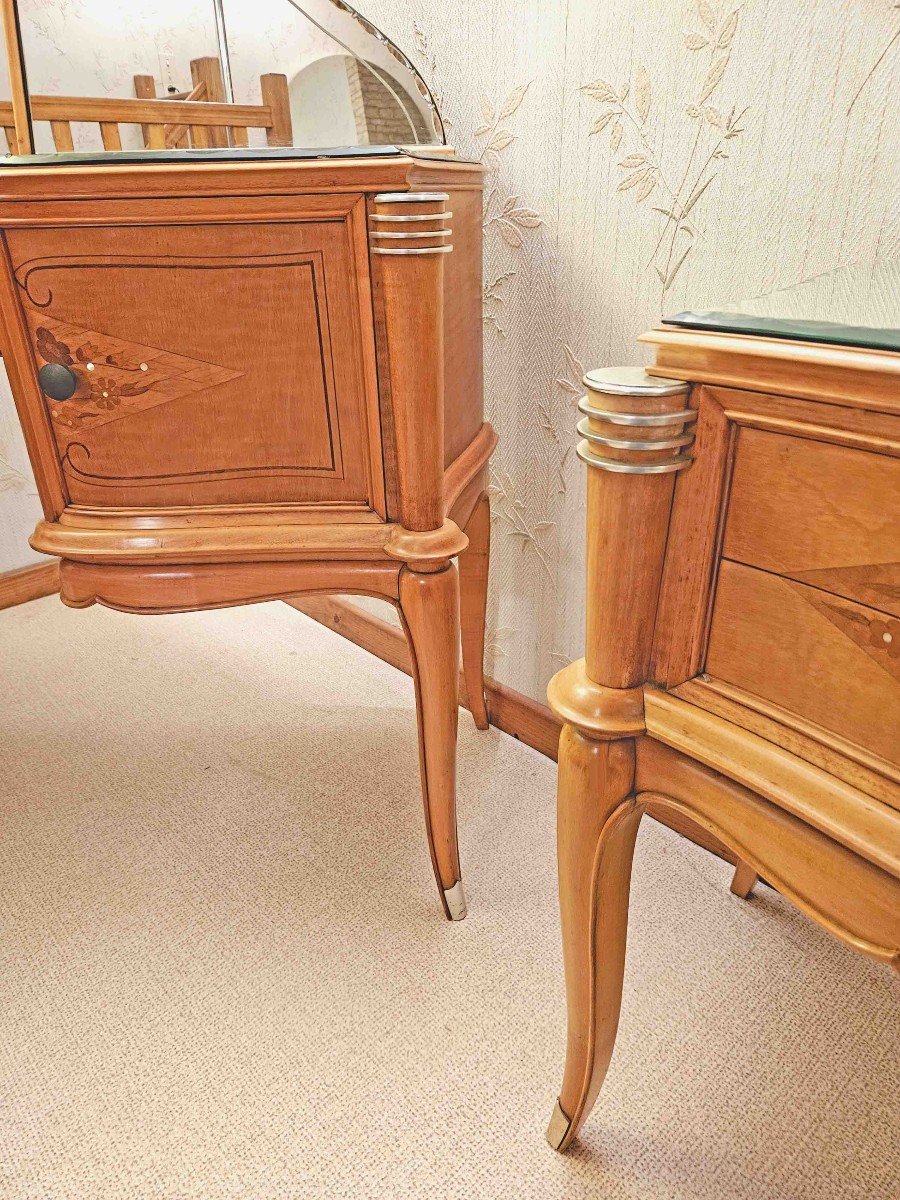 1950s Sycamore Marquetry Dressing Table Seat And Bedside Tables-photo-1