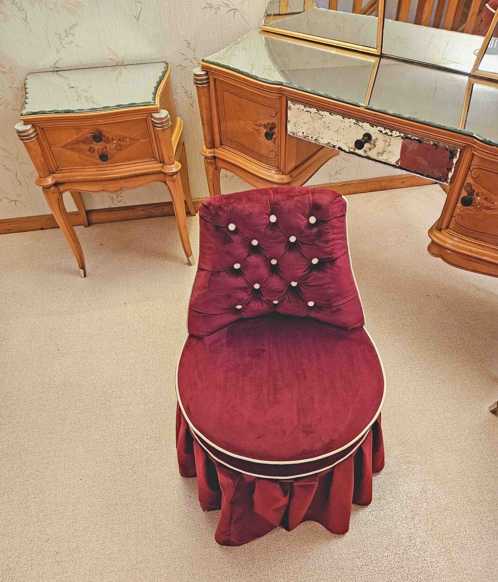 1950s Sycamore Marquetry Dressing Table Seat And Bedside Tables-photo-2