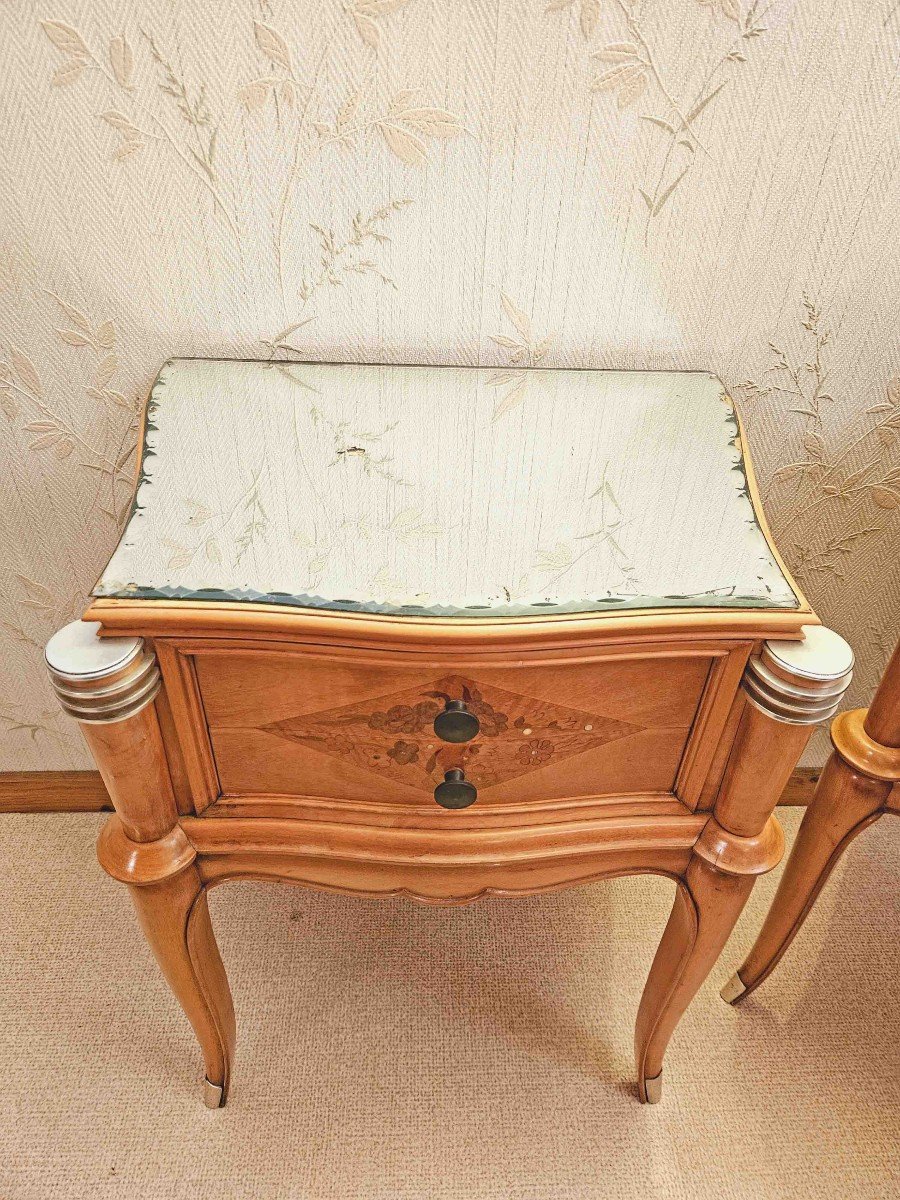 1950s Sycamore Marquetry Dressing Table Seat And Bedside Tables-photo-3