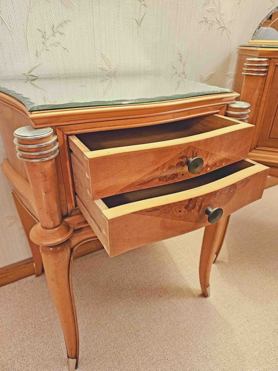 1950s Sycamore Marquetry Dressing Table Seat And Bedside Tables-photo-4