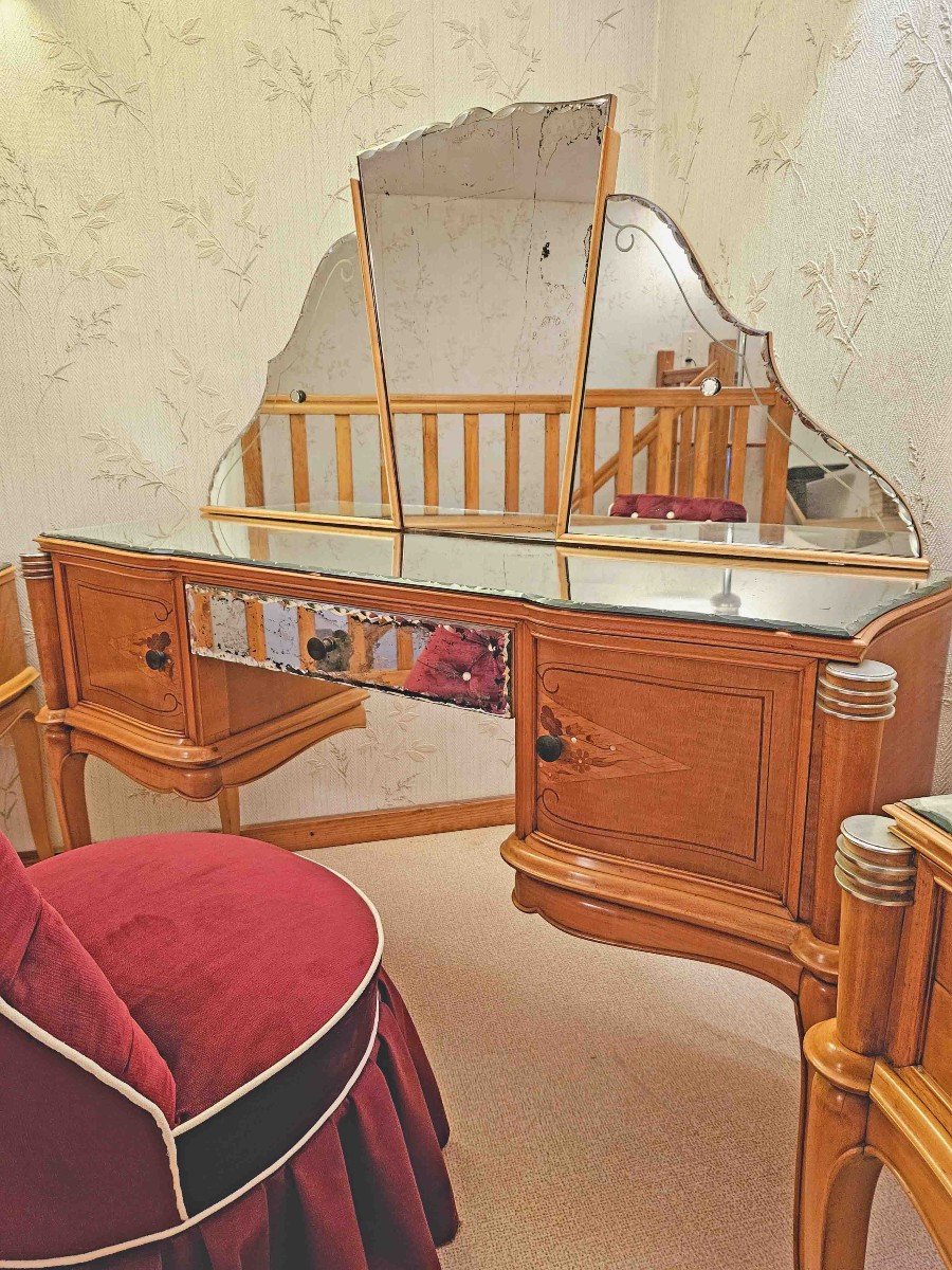 1950s Sycamore Marquetry Dressing Table Seat And Bedside Tables-photo-5