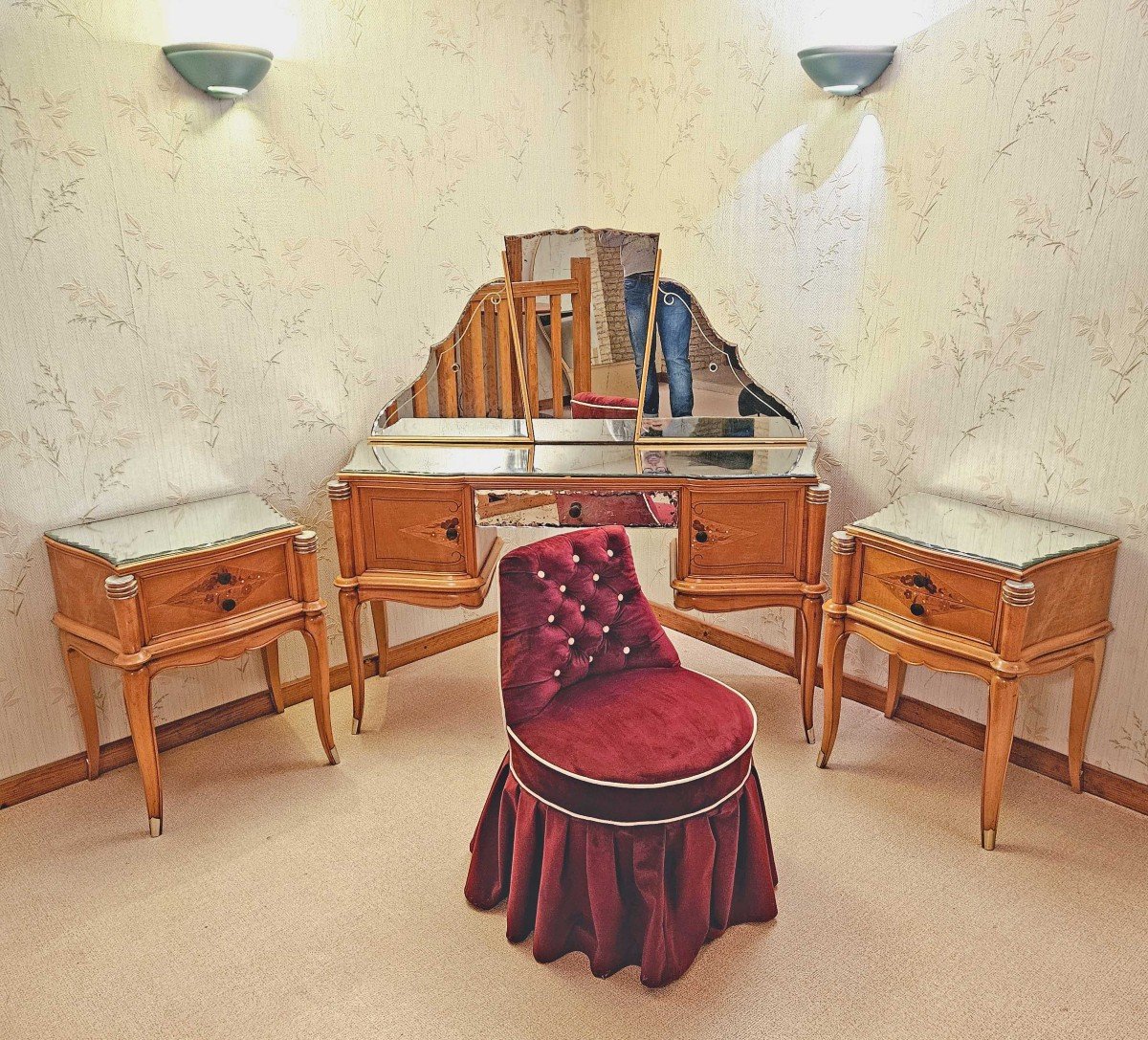 1950s Sycamore Marquetry Dressing Table Seat And Bedside Tables