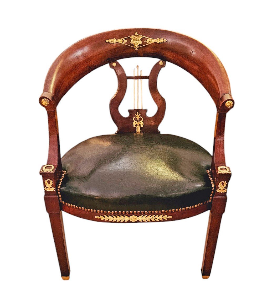 Large Fauteuil De Bureau Empire Dossier Lyre Bronze Doré & Acajou 