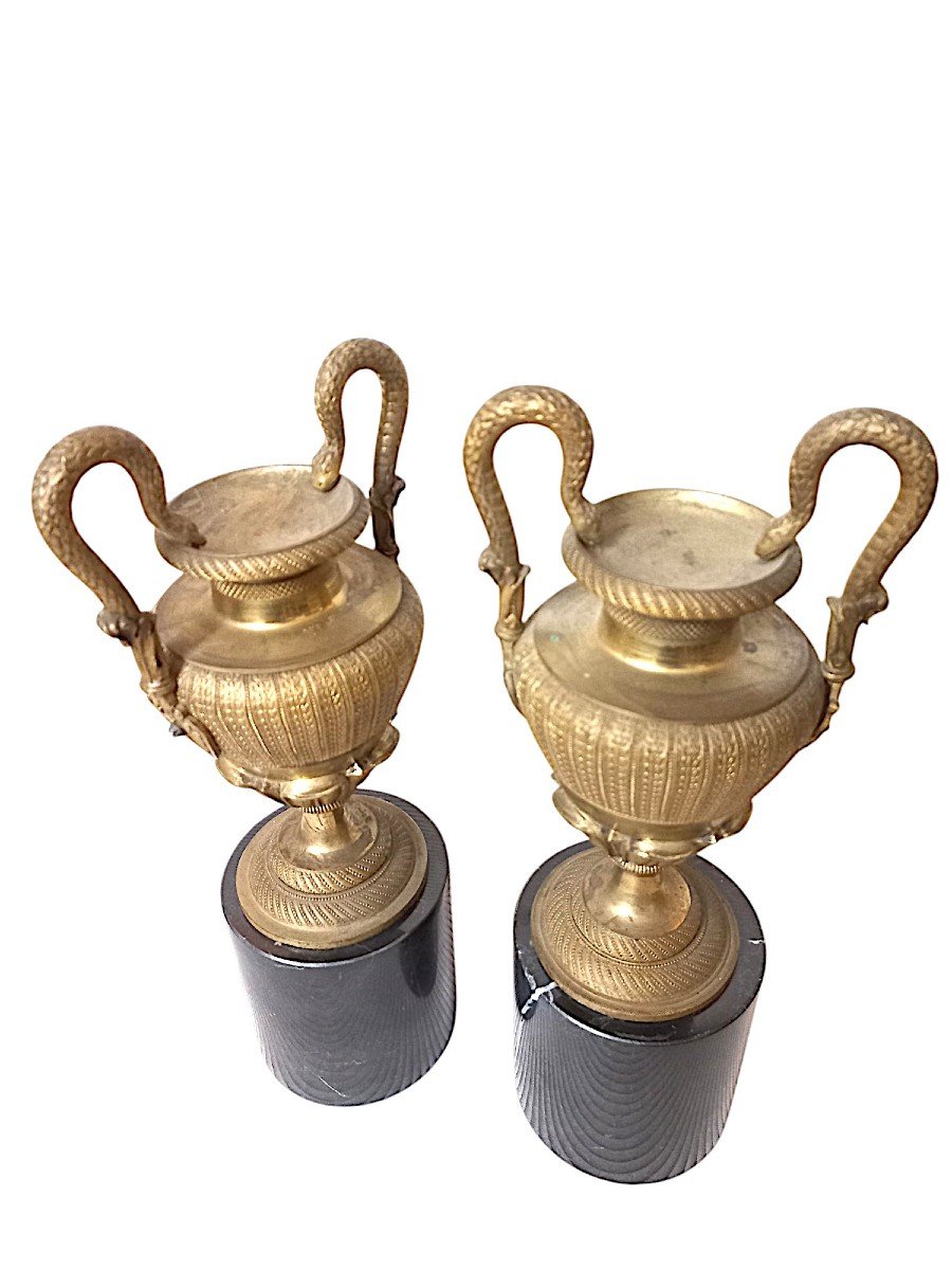 Pair Of St. Empire Cassolettes In Gilded Bronze And Black Marble-photo-4