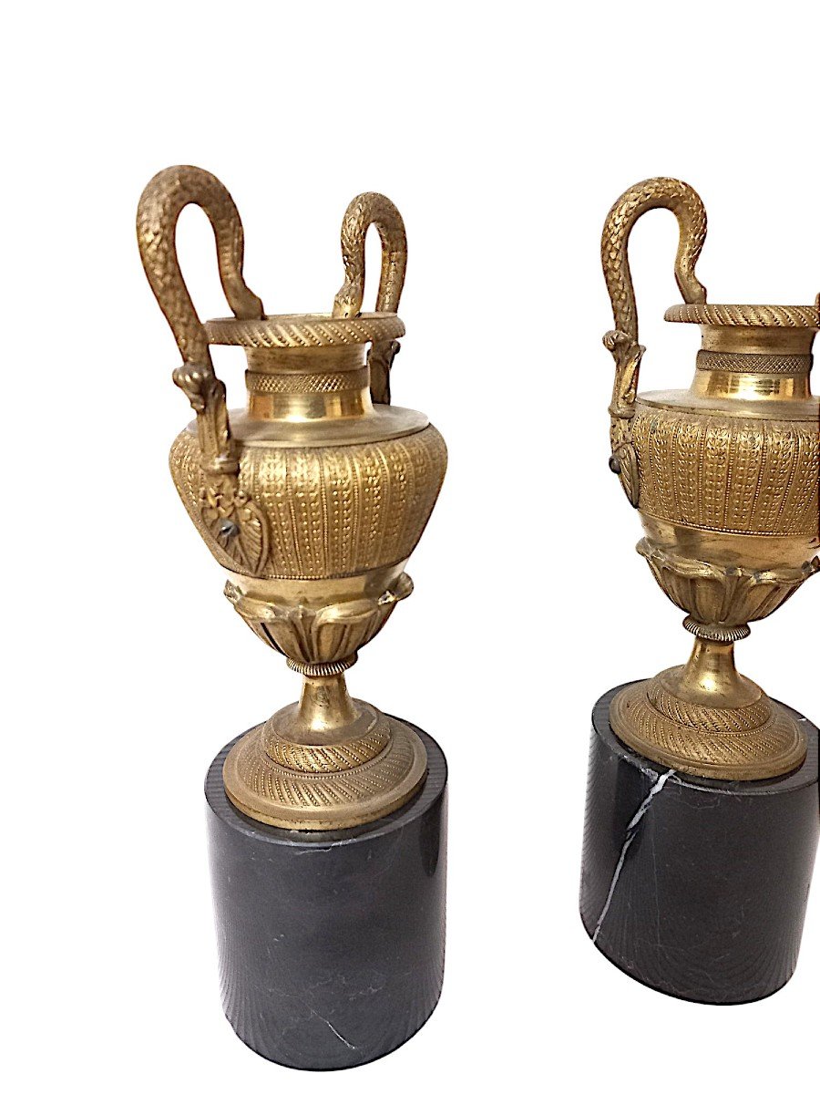 Pair Of St. Empire Cassolettes In Gilded Bronze And Black Marble-photo-3