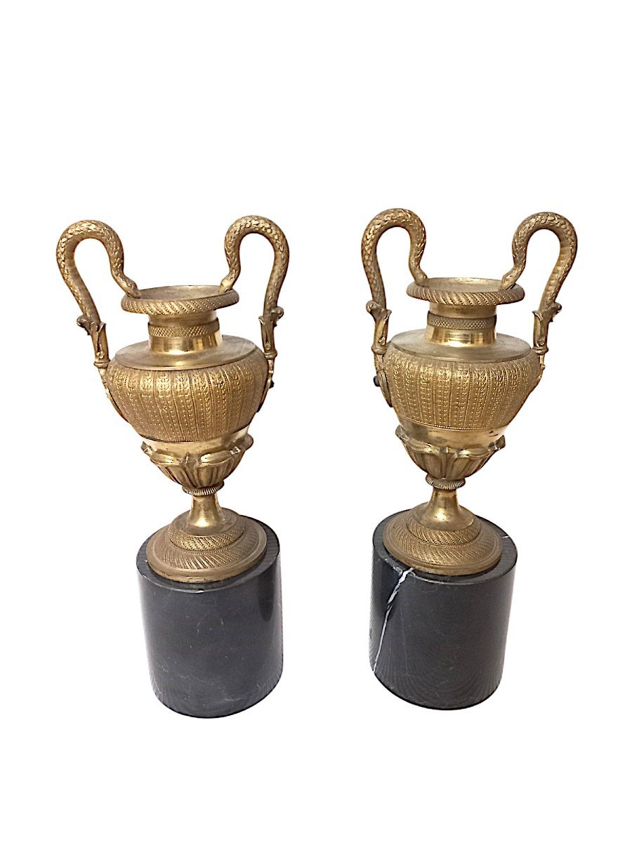 Pair Of St. Empire Cassolettes In Gilded Bronze And Black Marble-photo-5