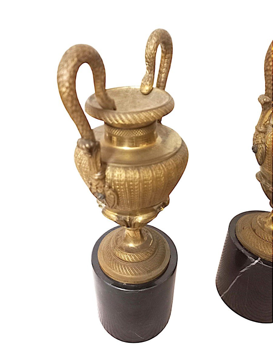 Pair Of St. Empire Cassolettes In Gilded Bronze And Black Marble-photo-1