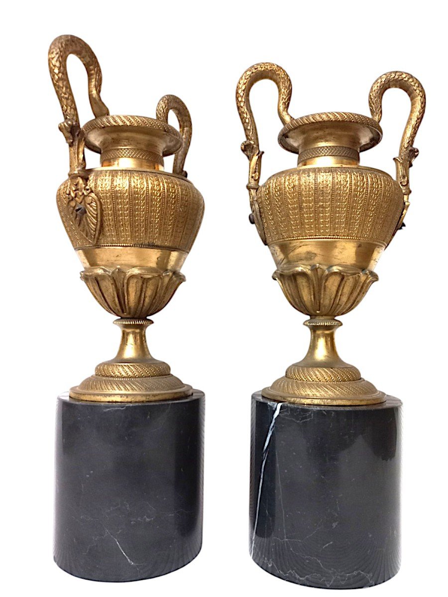 Pair Of St. Empire Cassolettes In Gilded Bronze And Black Marble