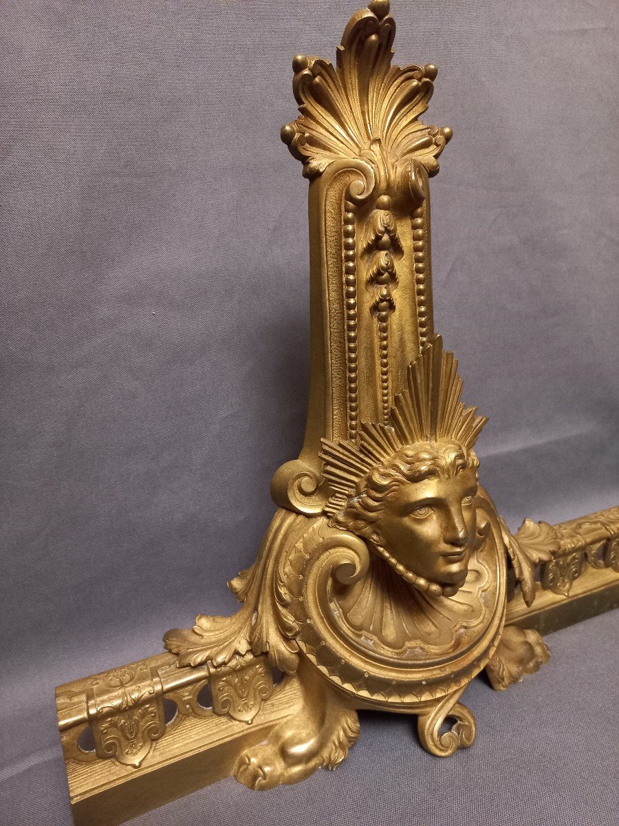 Pair Of Andirons With Mascarons, Gilt Bronze-photo-2