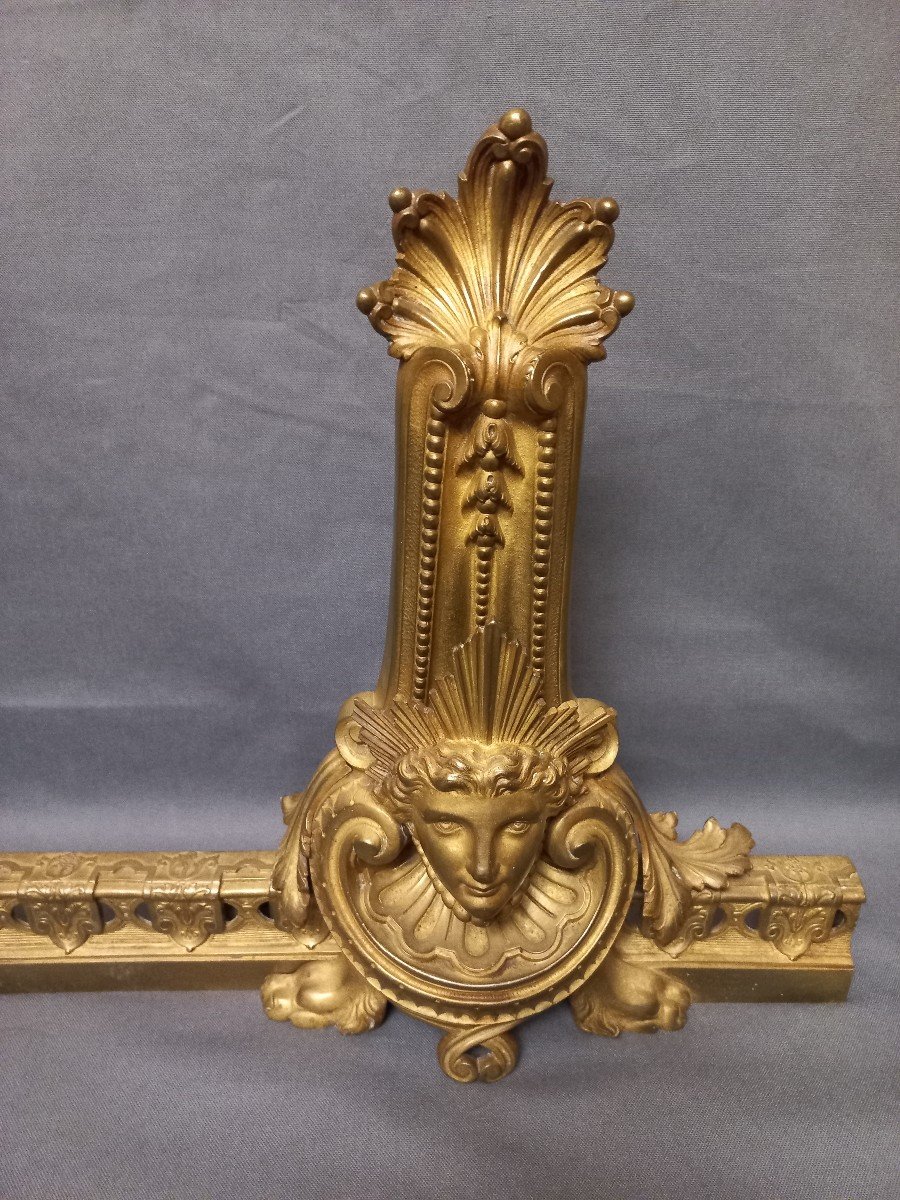 Pair Of Andirons With Mascarons, Gilt Bronze-photo-1