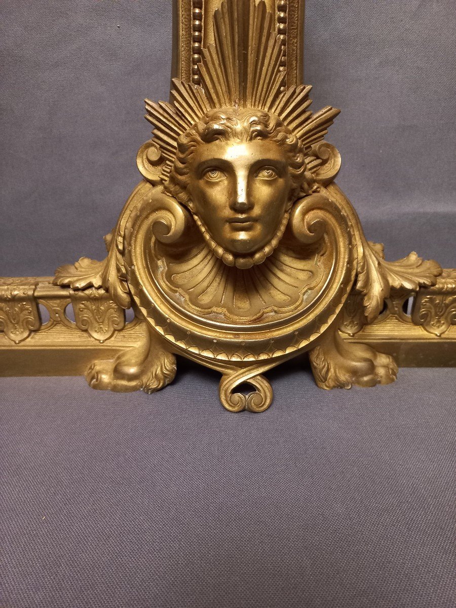 Pair Of Andirons With Mascarons, Gilt Bronze-photo-2