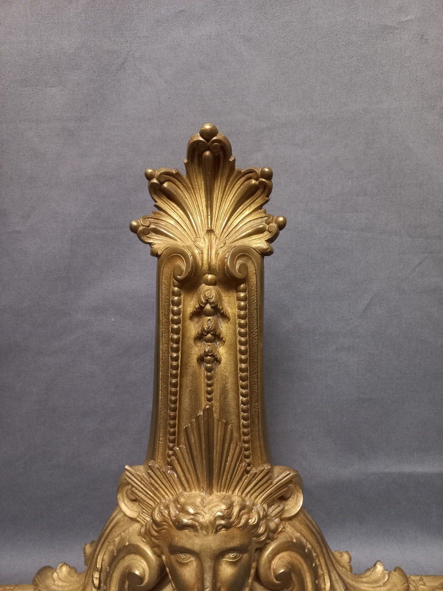 Pair Of Andirons With Mascarons, Gilt Bronze-photo-3