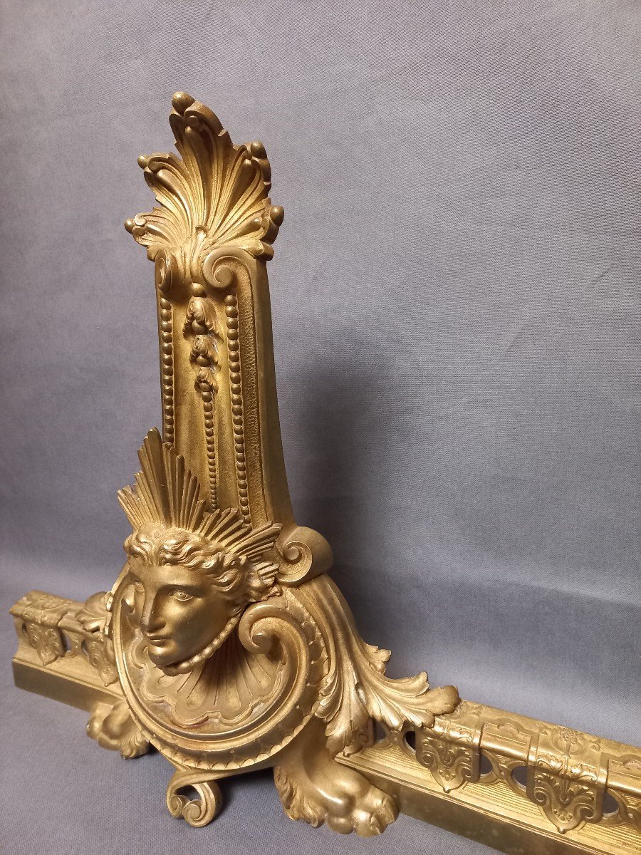 Pair Of Andirons With Mascarons, Gilt Bronze-photo-4