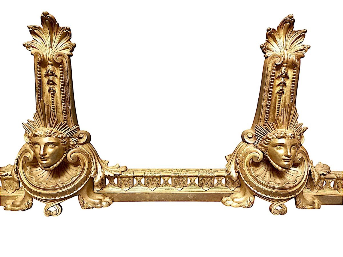 Pair Of Andirons With Mascarons, Gilt Bronze