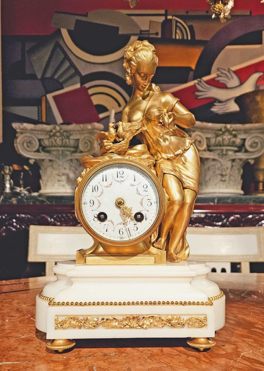 Louis XVI Style Gilt Bronze And White Marble Clock