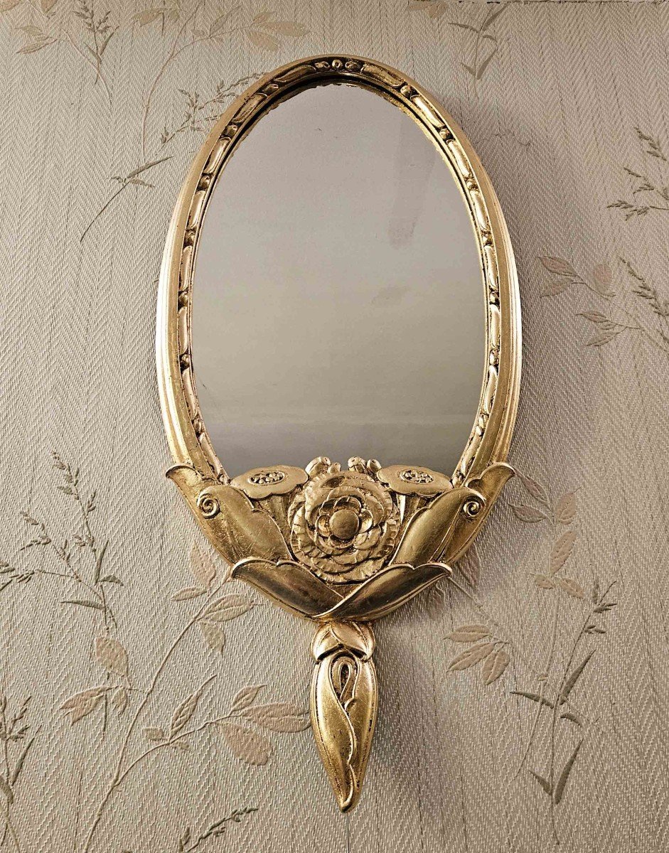 1925 Art Deco Mirror In Gold Leaf Metal-photo-2