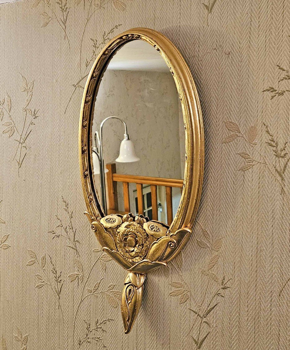 1925 Art Deco Mirror In Gold Leaf Metal-photo-3