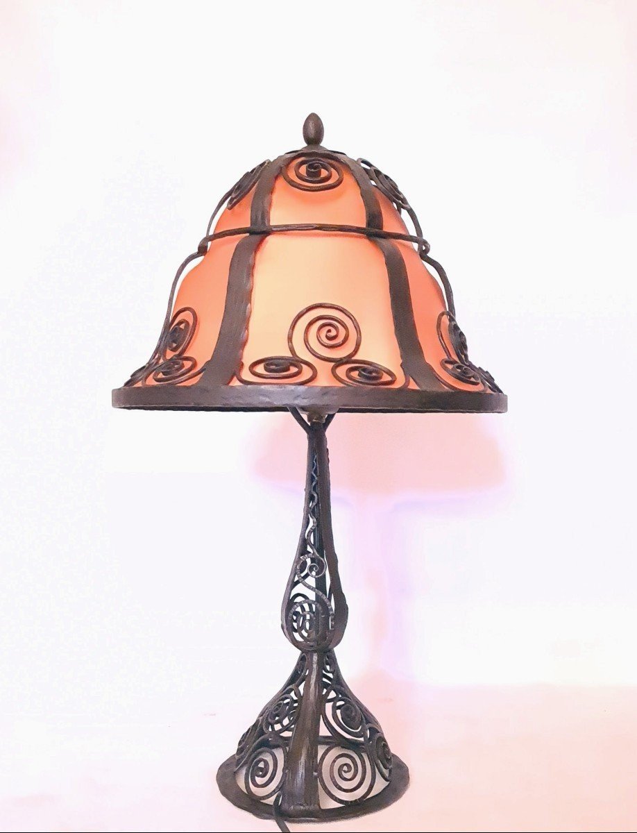 Large Art Deco Wrought Iron Lamp 1925-photo-1