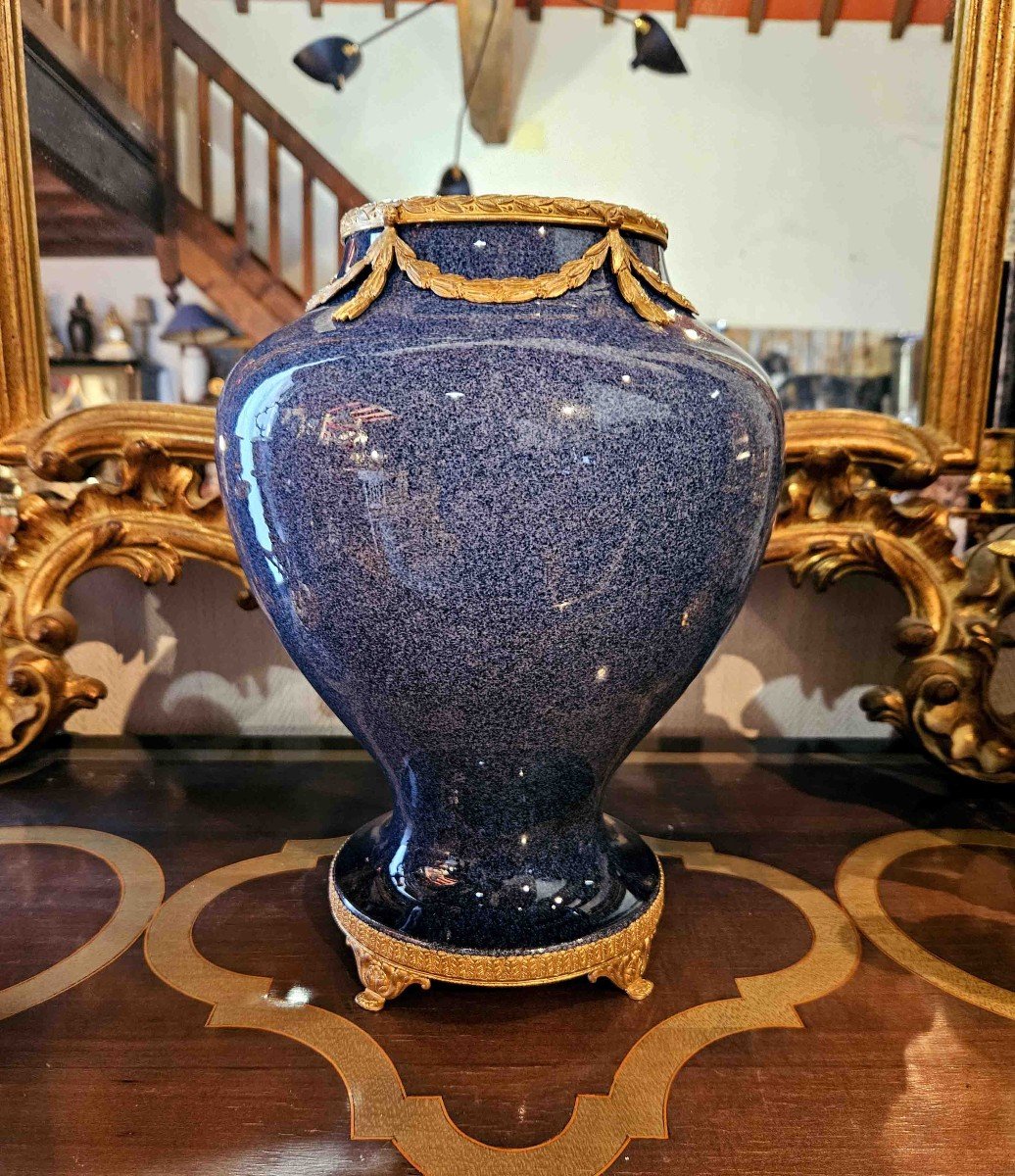 Grand Vase En Faïence Bleu Moucheté Et Bronze Doré Fin XIXème-photo-4