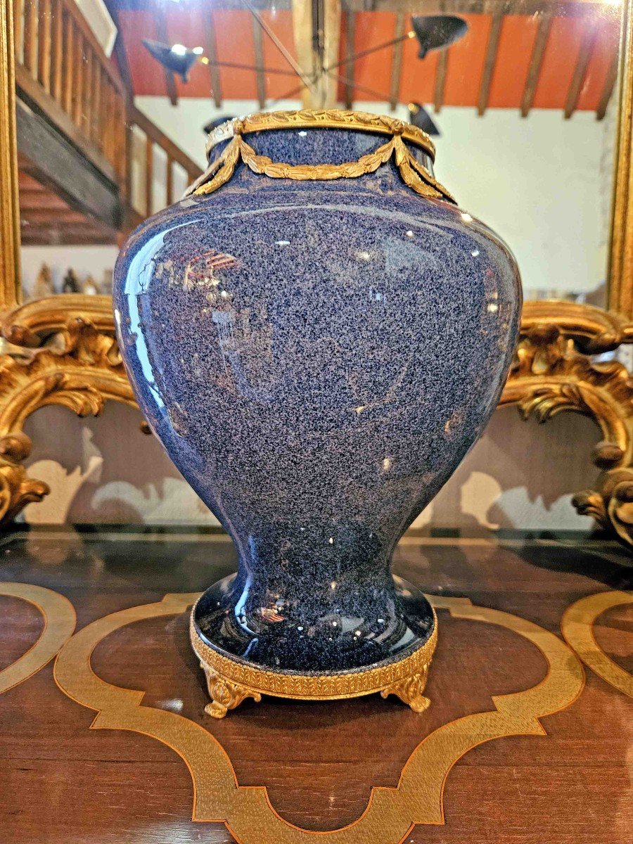 Grand Vase En Faïence Bleu Moucheté Et Bronze Doré Fin XIXème-photo-5