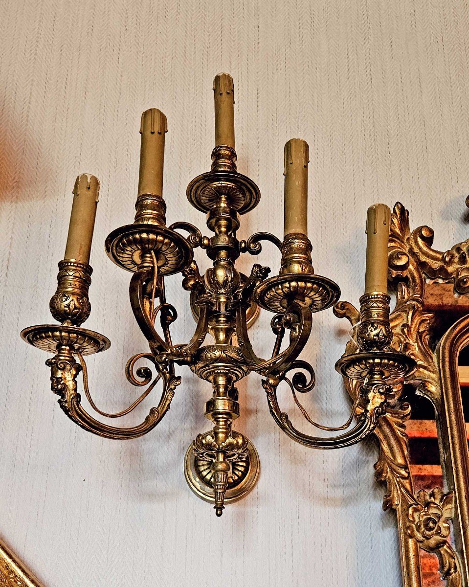 Important Pair Of 5-light Gilt Bronze Wall Lights, 19th Century-photo-3