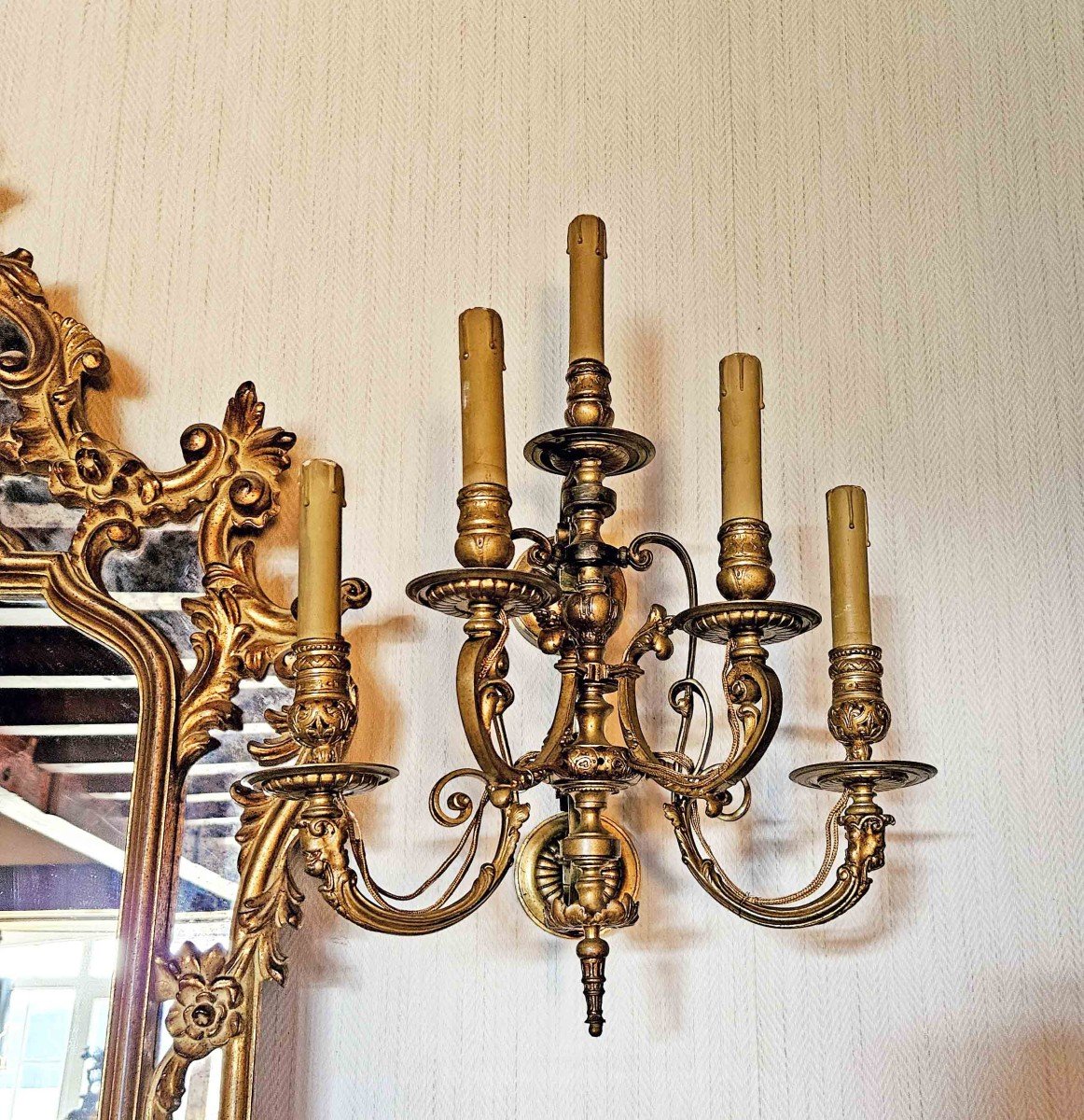 Important Pair Of 5-light Gilt Bronze Wall Lights, 19th Century-photo-4