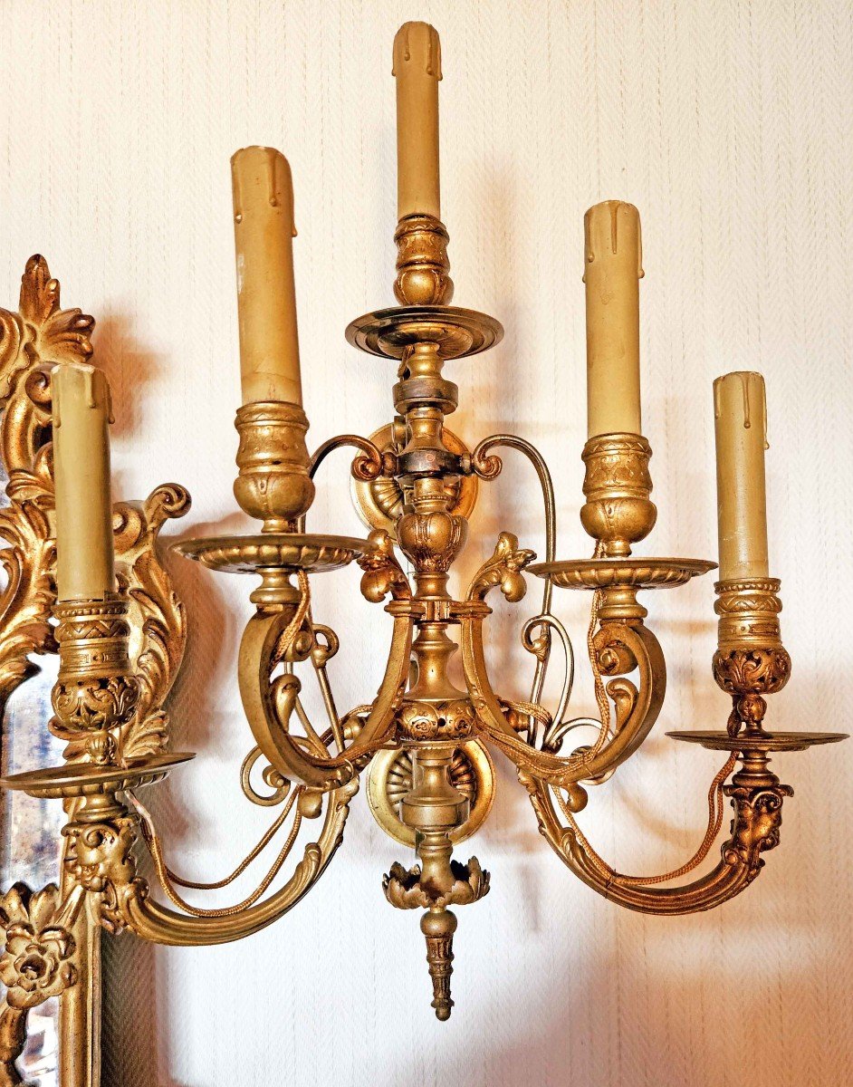 Important Pair Of 5-light Gilt Bronze Wall Lights, 19th Century-photo-4