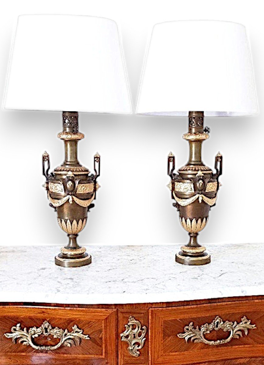 Important Pair Of 19th Century Patinated And Gilded Bronze Lamps-photo-2