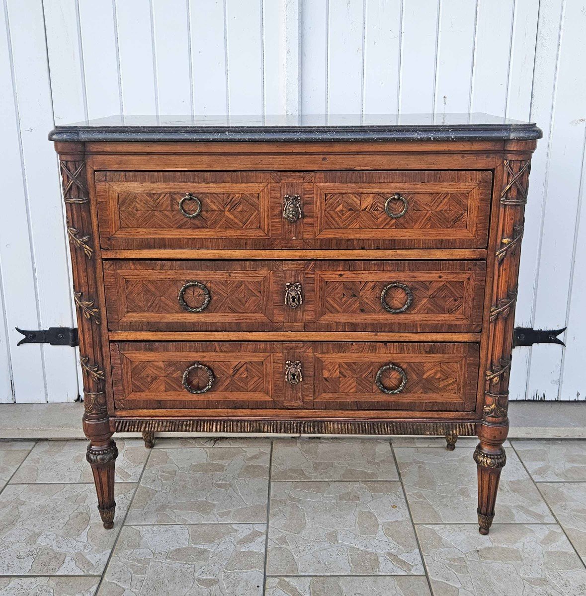 Petite Commode St Louis XVI Marquet&eacute;e Et Sculpt&eacute;e-photo-2