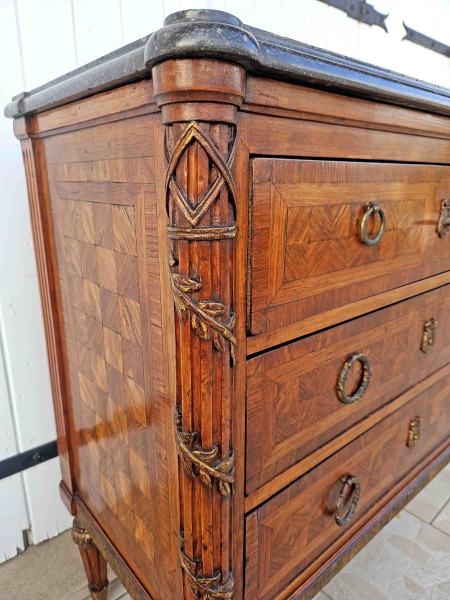 Petite Commode St Louis XVI Marquet&eacute;e Et Sculpt&eacute;e-photo-6